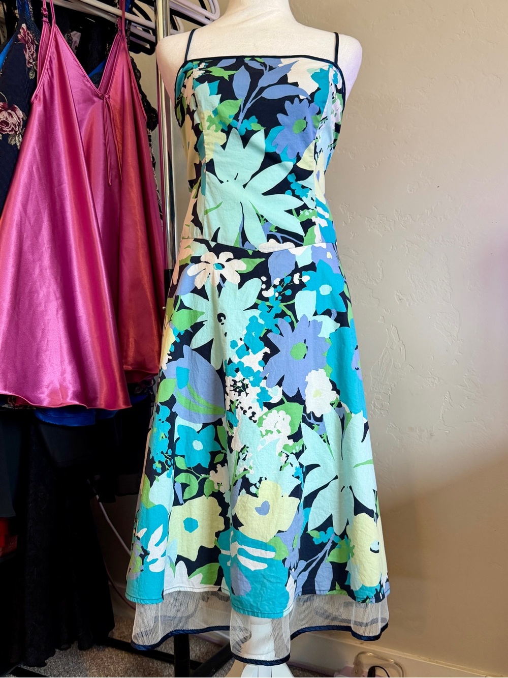Vintage Floral A-Line Tulle Skirt Spaghetti Strap Dress- Teal & Blue- SZ 10